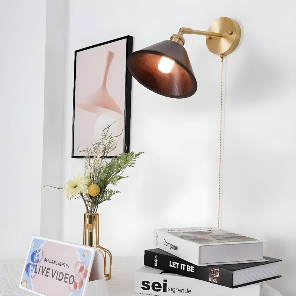 Mid Century Wooden Shade Wall Sconce Light Fixture With Pull Chain