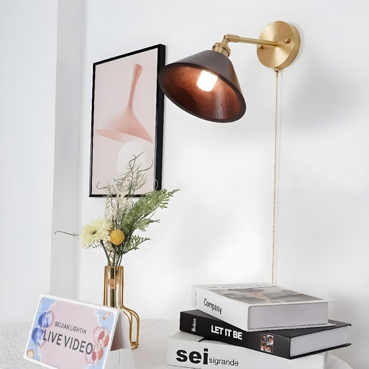 Mid Century Wooden Shade Wall Sconce Light Fixture With Pull Chain