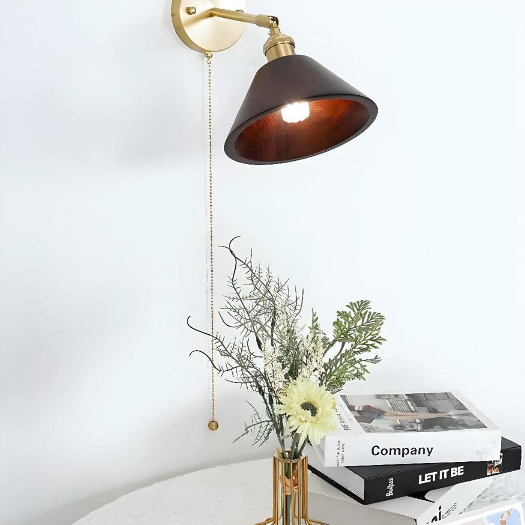 Mid Century Wooden Shade Wall Sconce Light Fixture With Pull Chain