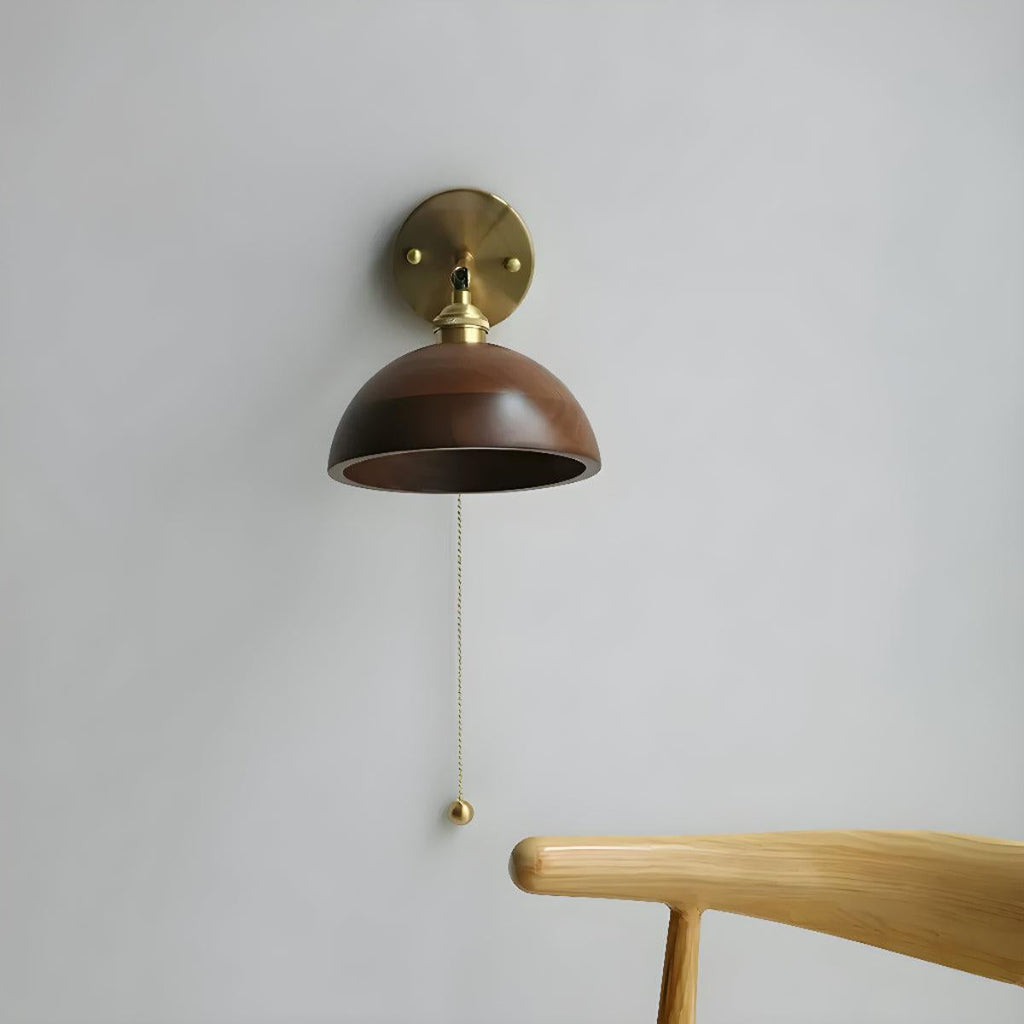 Mid Century Wooden Shade Wall Sconce Light Fixture With Pull Chain