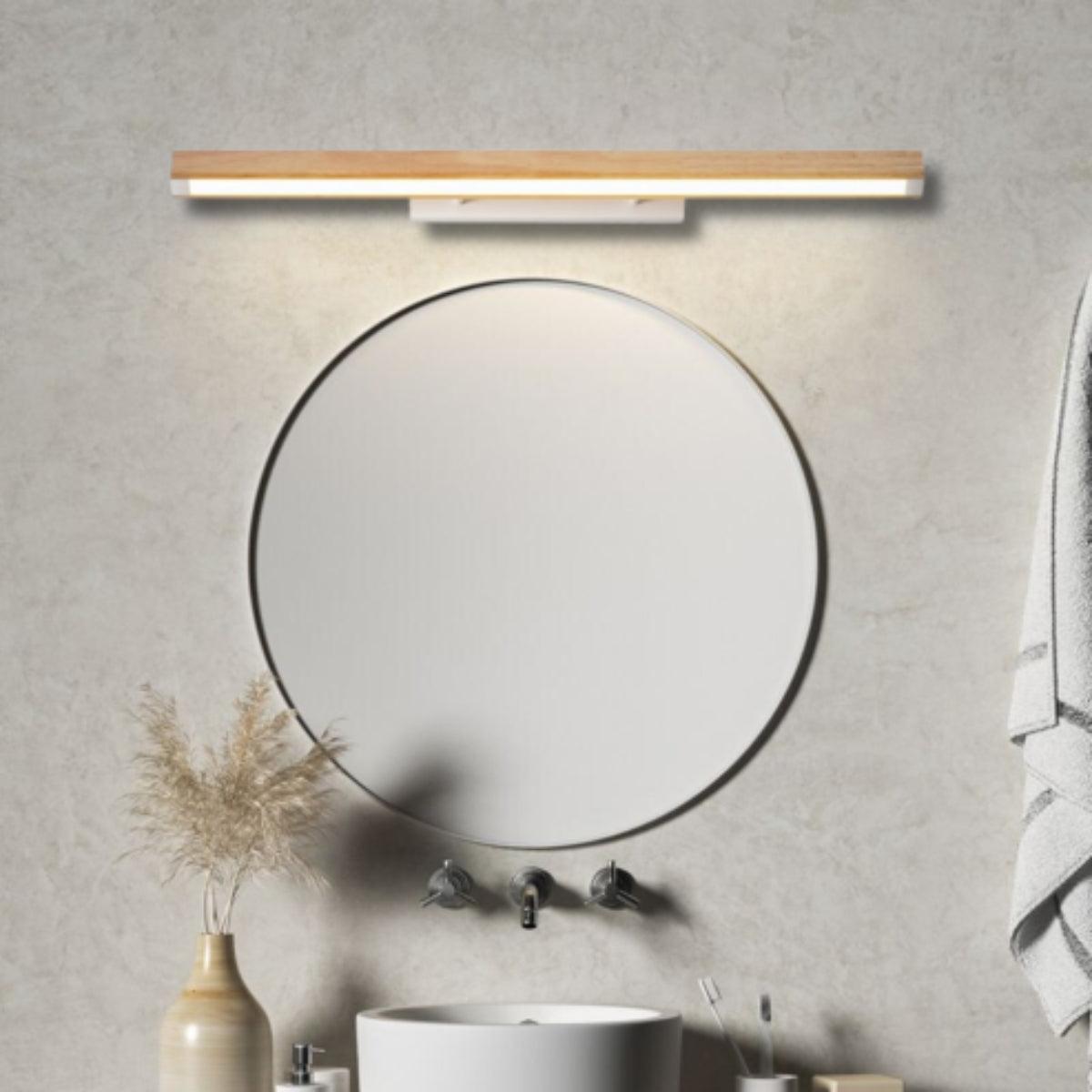 Minimalist Wood Styled Bathroom Vanity Light Fixture With Diffused Linear Lighting