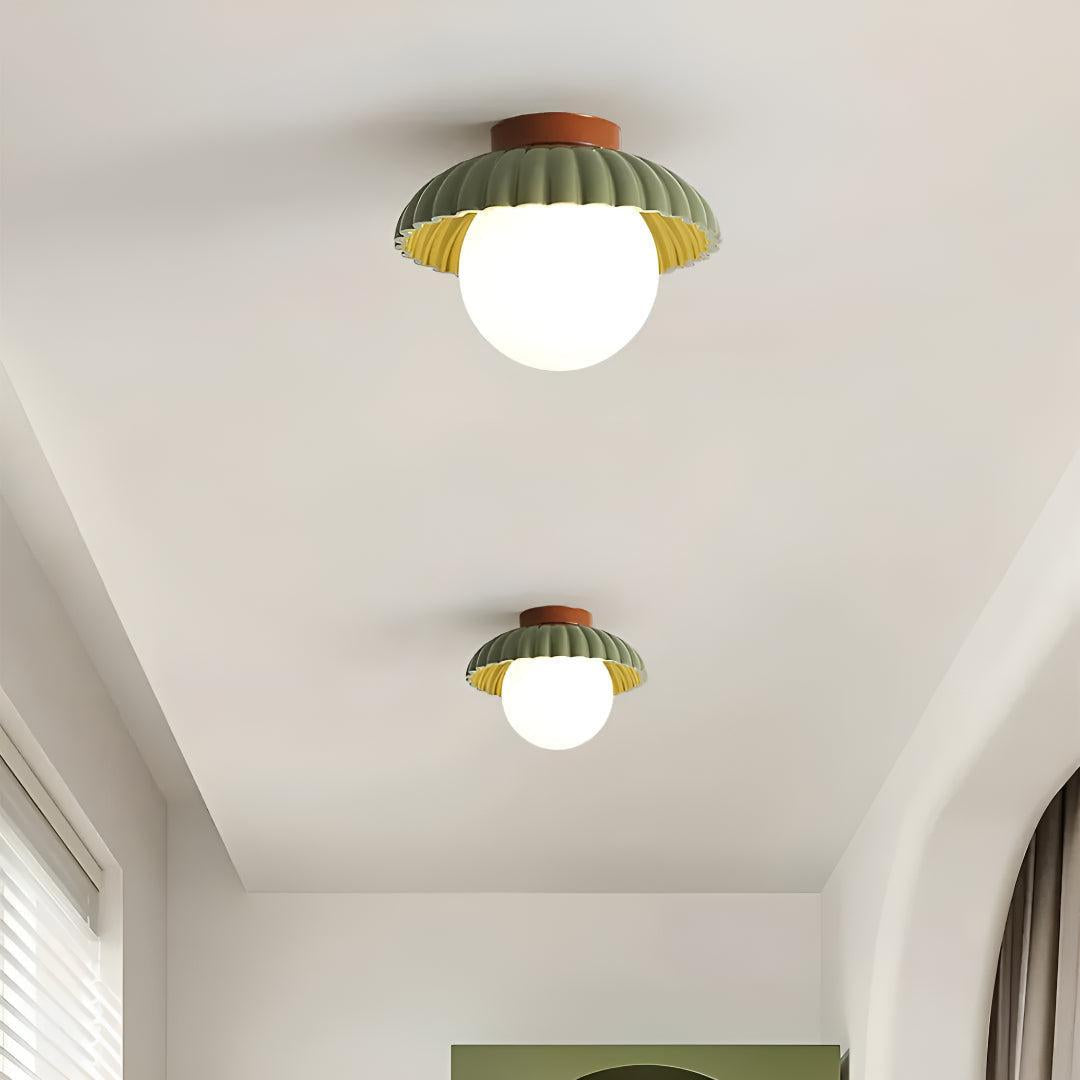 Modern Flush Mount Ceiling Light With Retro Scalloped Shade And Glass Globe