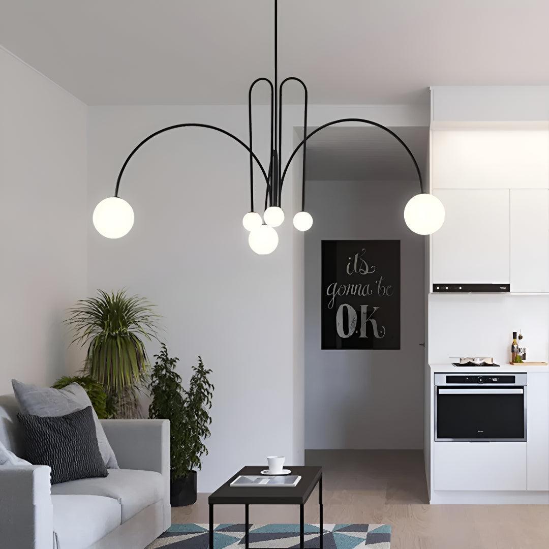 Modern Minimalist Chandelier Ceiling Light Fixture With Arched Arms And Spherical Globes
