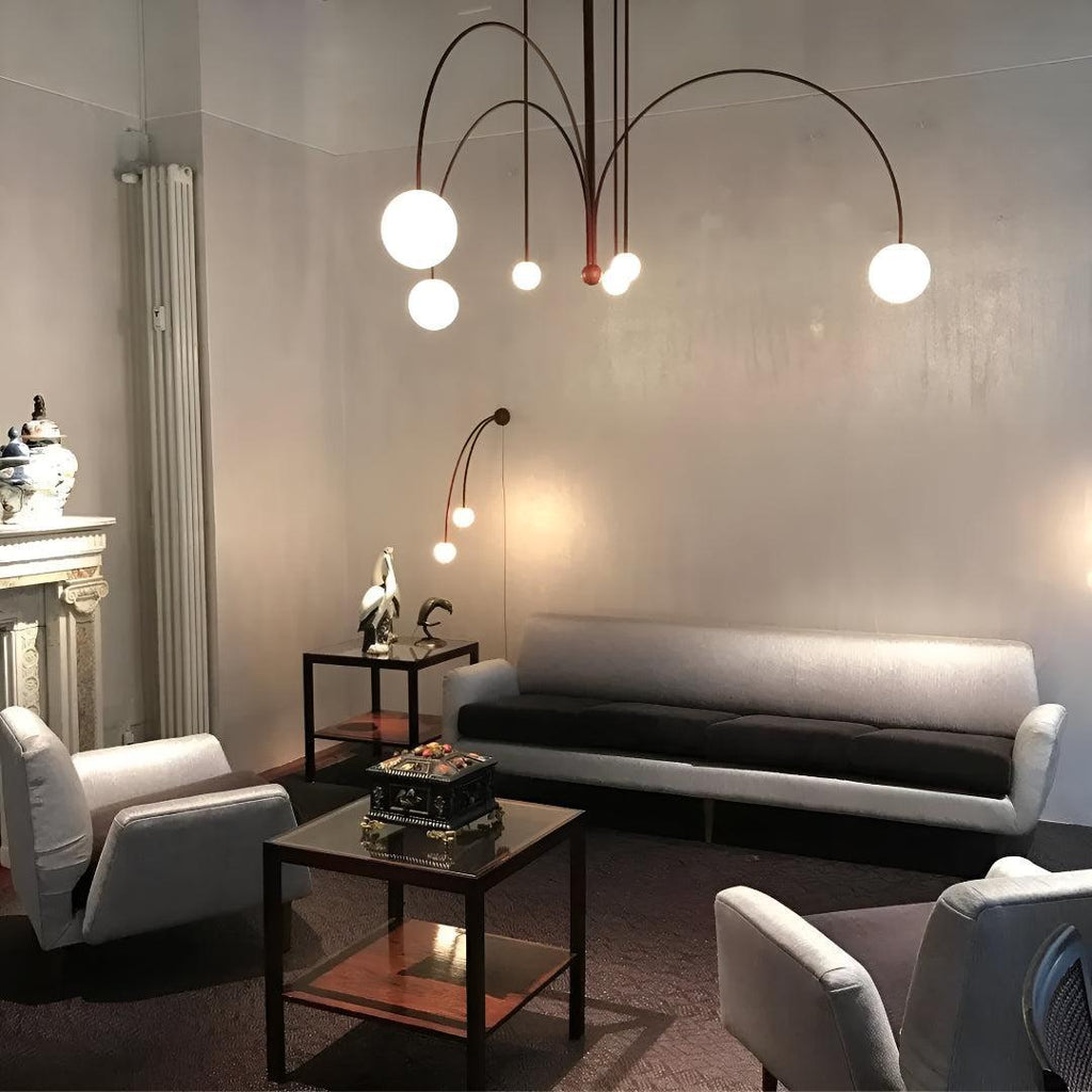 Modern Minimalist Chandelier Ceiling Light Fixture With Arched Arms And Spherical Globes