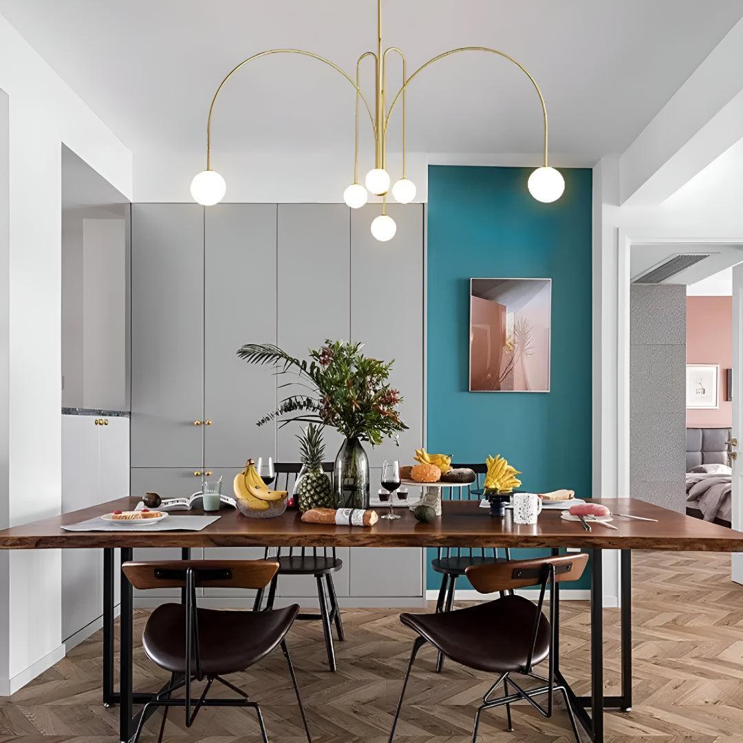 Modern Minimalist Chandelier Ceiling Light Fixture With Arched Arms And Spherical Globes