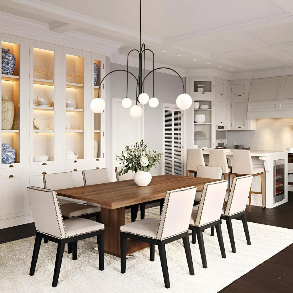 Modern Minimalist Chandelier Ceiling Light Fixture With Arched Arms And Spherical Globes