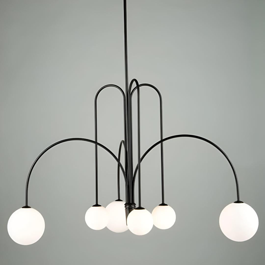 Modern Minimalist Chandelier Ceiling Light Fixture With Arched Arms And Spherical Globes