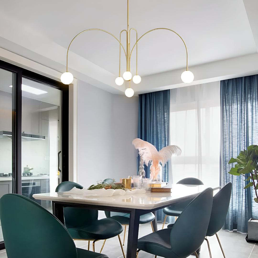 Modern Minimalist Chandelier Ceiling Light Fixture With Arched Arms And Spherical Globes