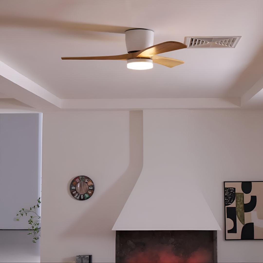 Modern Nordic Wooden Overhead Ceiling Fan Light With Flush Mount Design