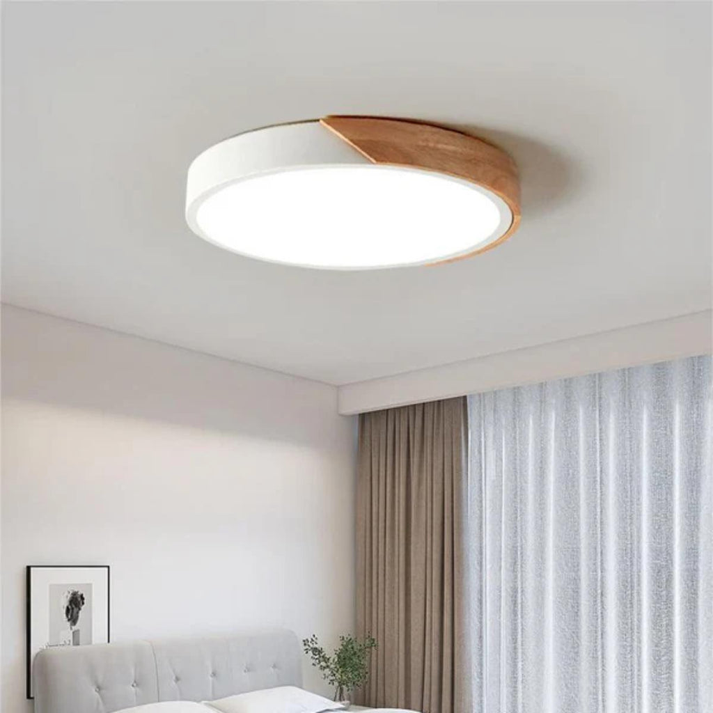 Modern Round LED Flush Mount Ceiling Light With Wood Grain Accent