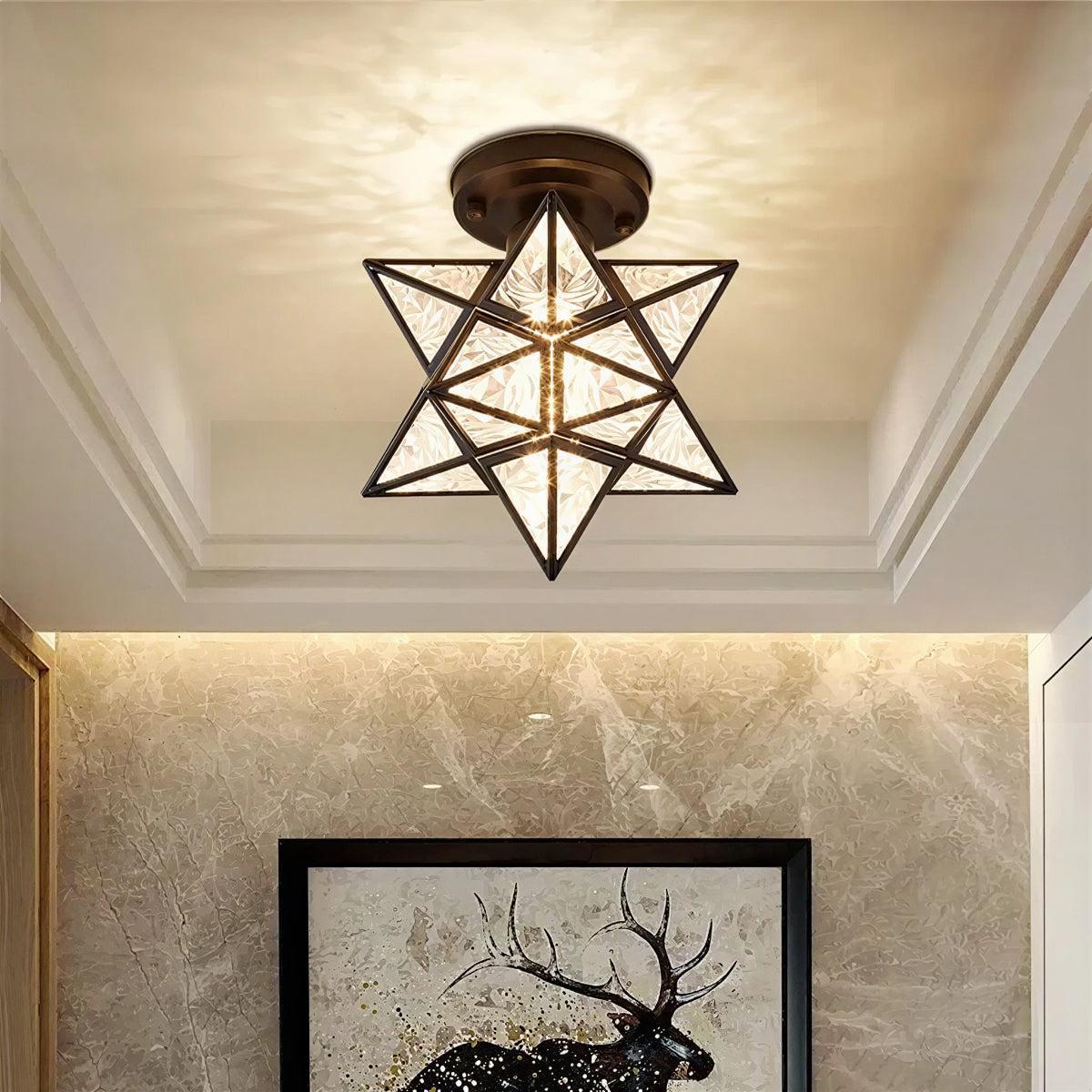 Modern Semi Flush Geometric Ceiling Light Fixture With Moravian Star Glass Design