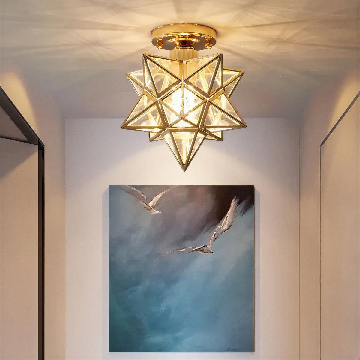 Modern Semi Flush Geometric Ceiling Light Fixture With Moravian Star Glass Design