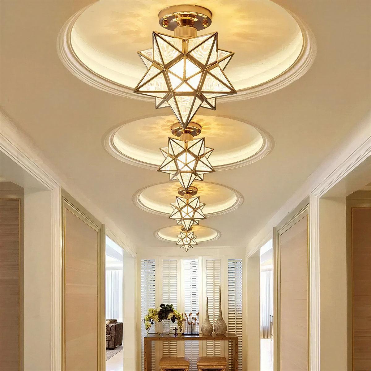 Modern Semi Flush Geometric Ceiling Light Fixture With Moravian Star Glass Design