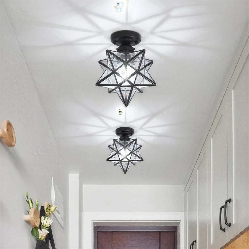 Modern Semi Flush Geometric Ceiling Light Fixture With Moravian Star Glass Design