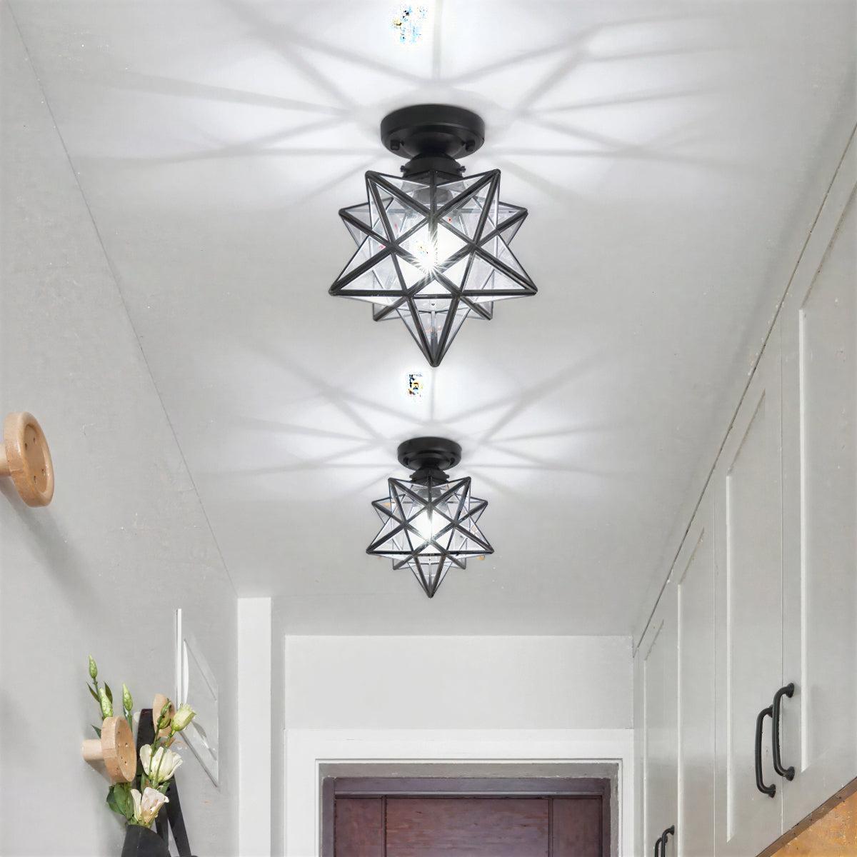 Modern Semi Flush Geometric Ceiling Light Fixture With Moravian Star Glass Design