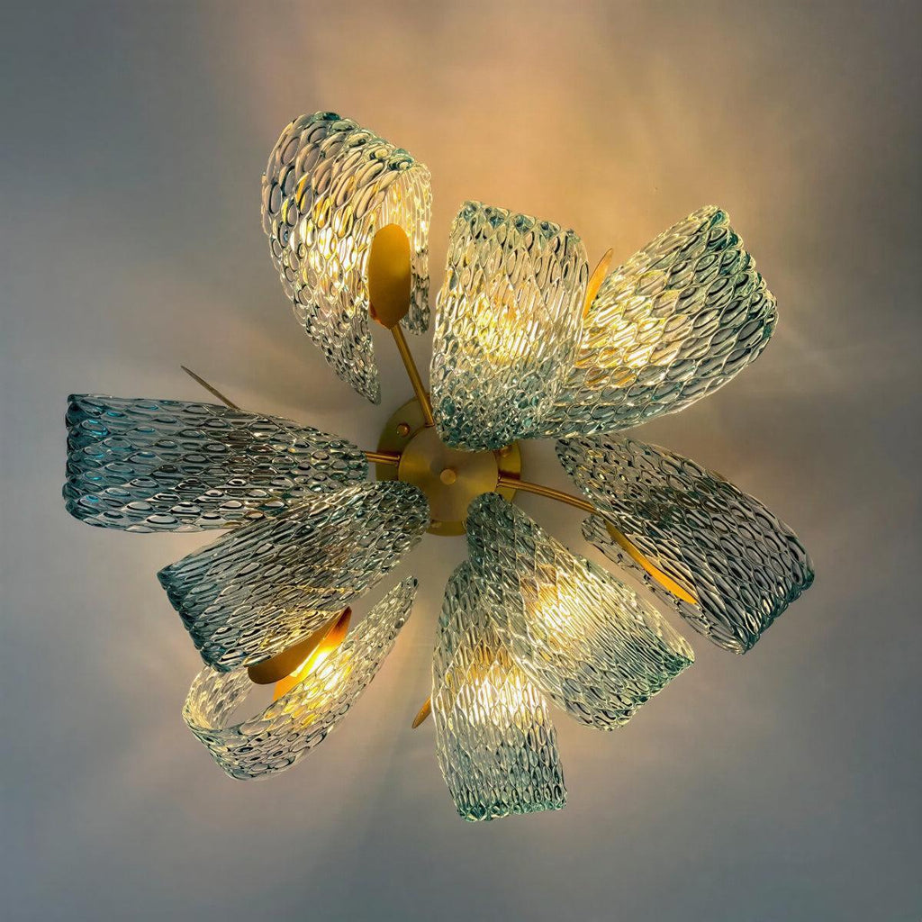 Modern Semi Flush Mount Ceiling Light With Sculptural Patterned Ribbon Glass Design