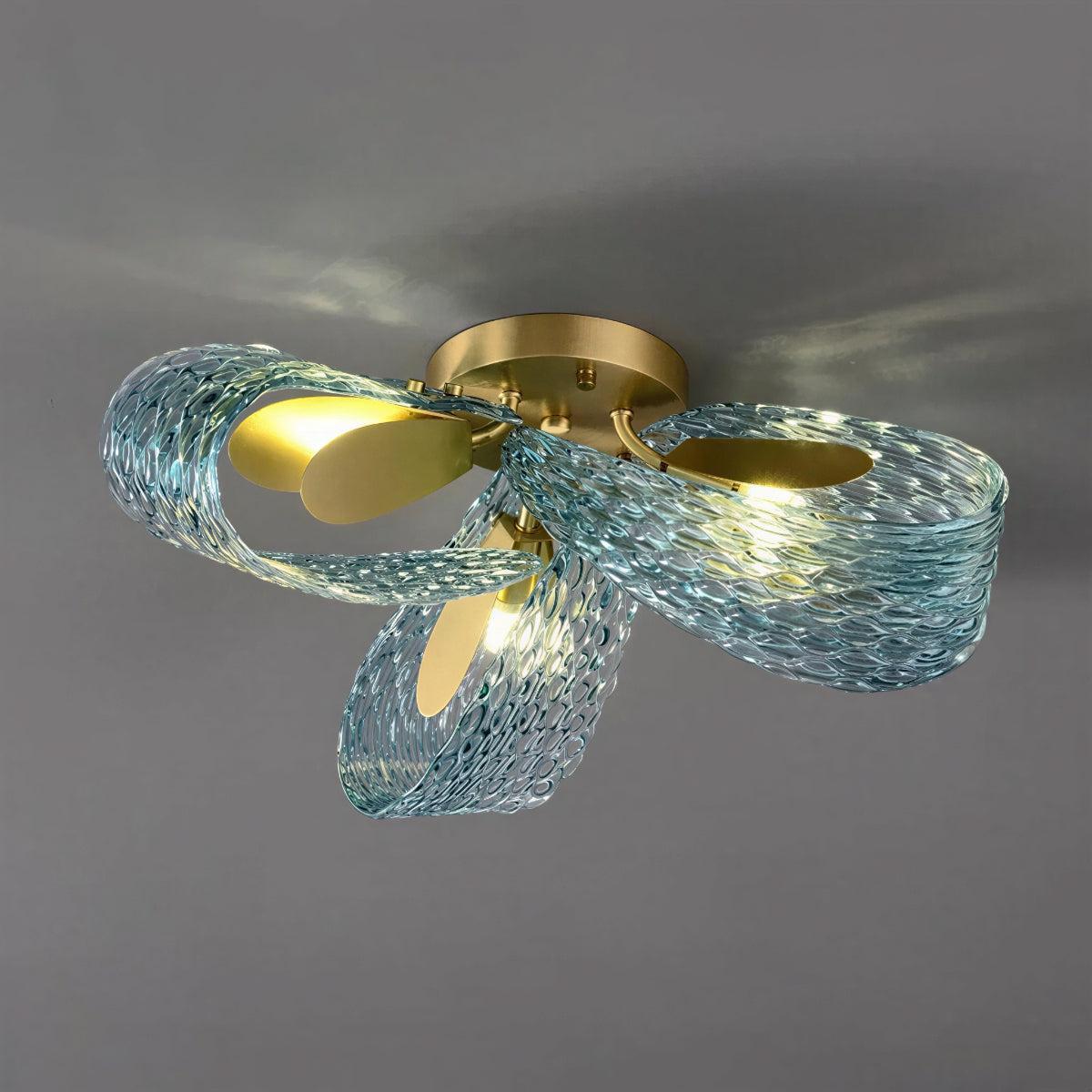 Modern Semi Flush Mount Ceiling Light With Sculptural Patterned Ribbon Glass Design