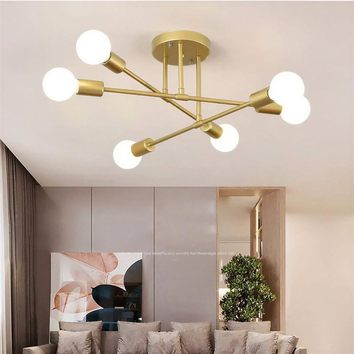 Modern Sputnik Chandelier Ceiling Light Fixture With Six Glass Globe Crossed Arm Lights