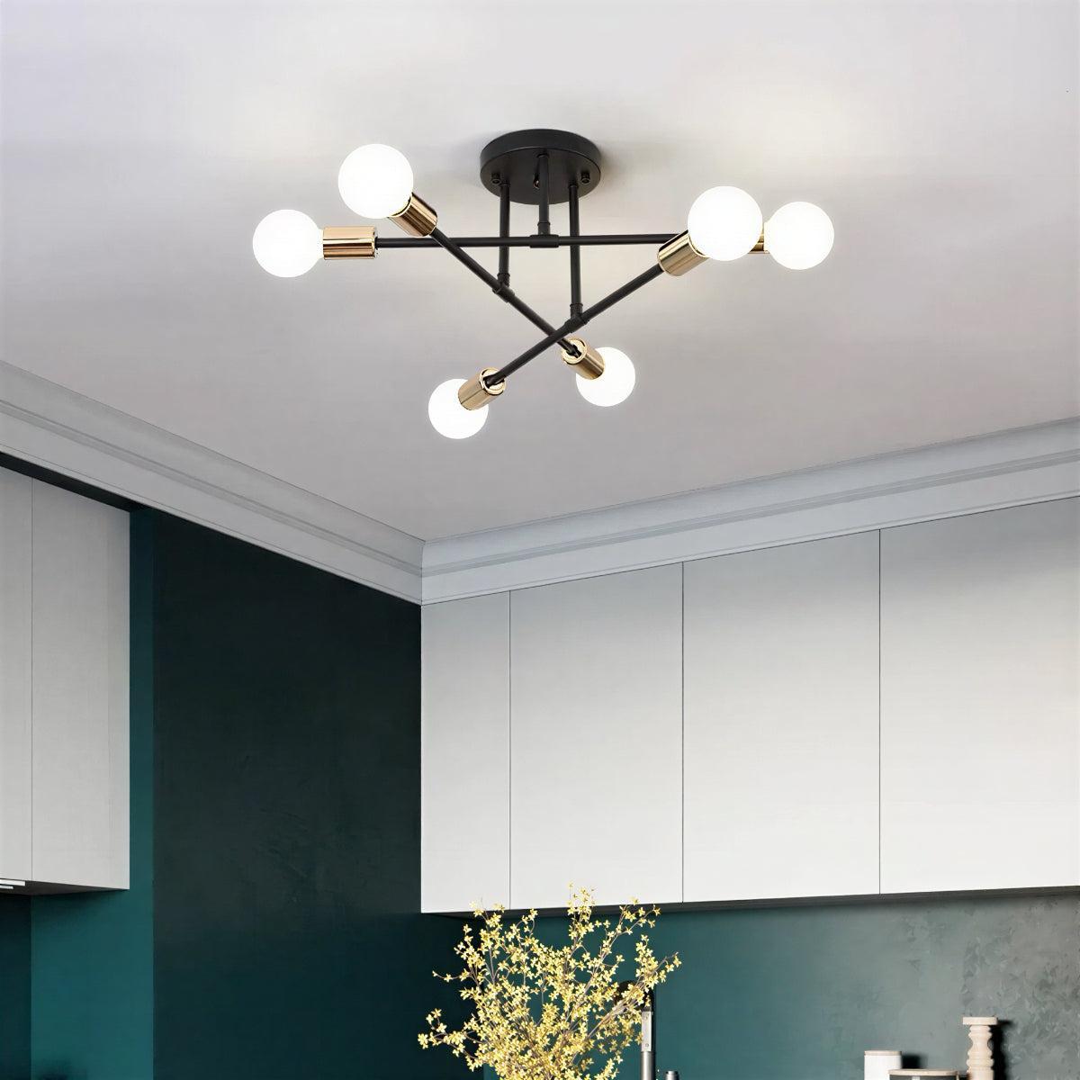 Modern Sputnik Chandelier Ceiling Light Fixture With Six Glass Globe Crossed Arm Lights