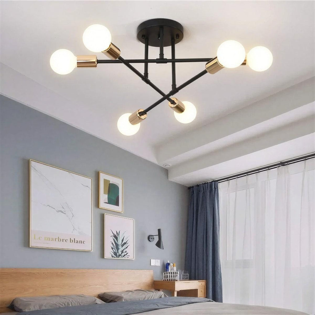 Modern Sputnik Chandelier Ceiling Light Fixture With Six Glass Globe Crossed Arm Lights