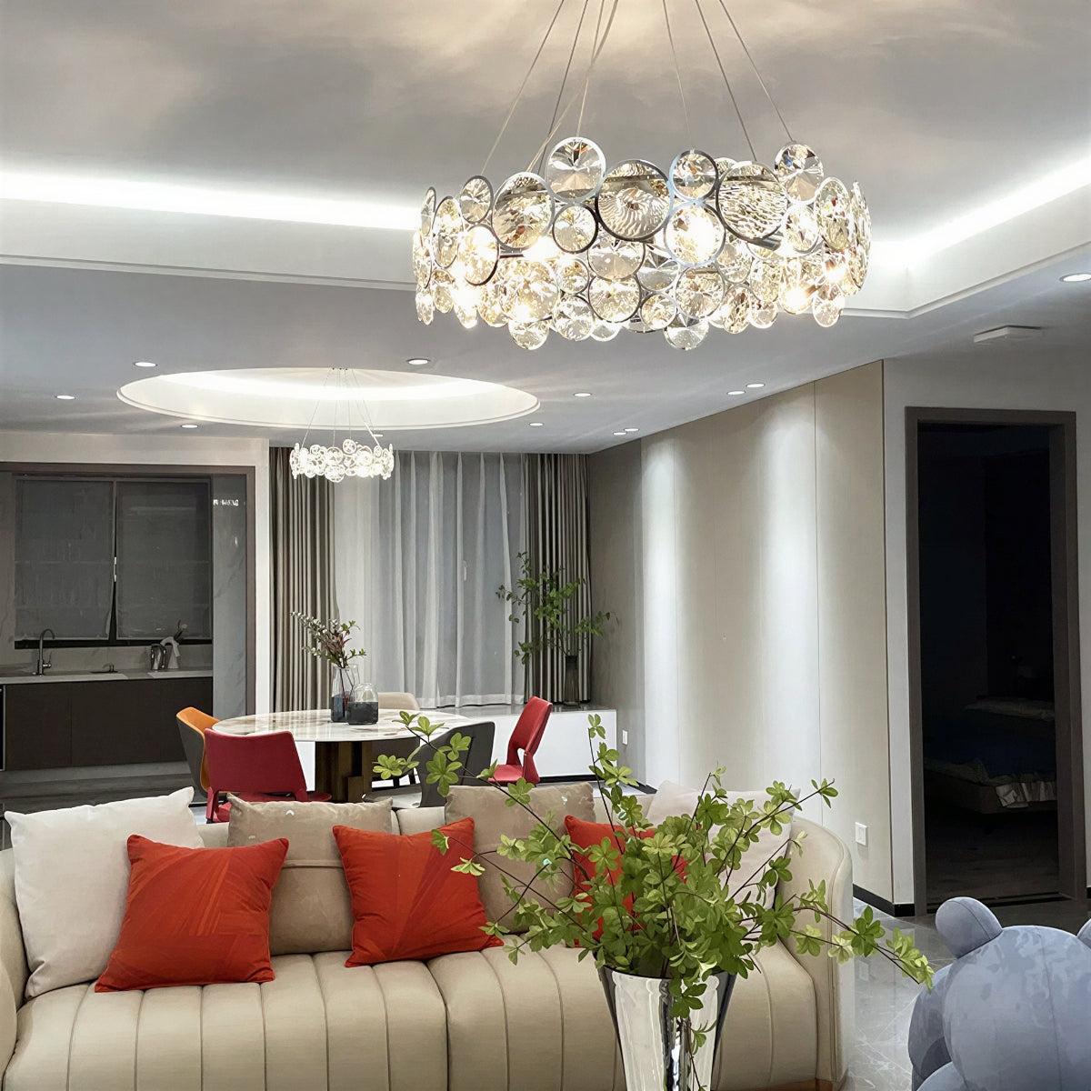 Modern Suspended Crystal Disc Chandelier Light Fixture With Round Circular Design