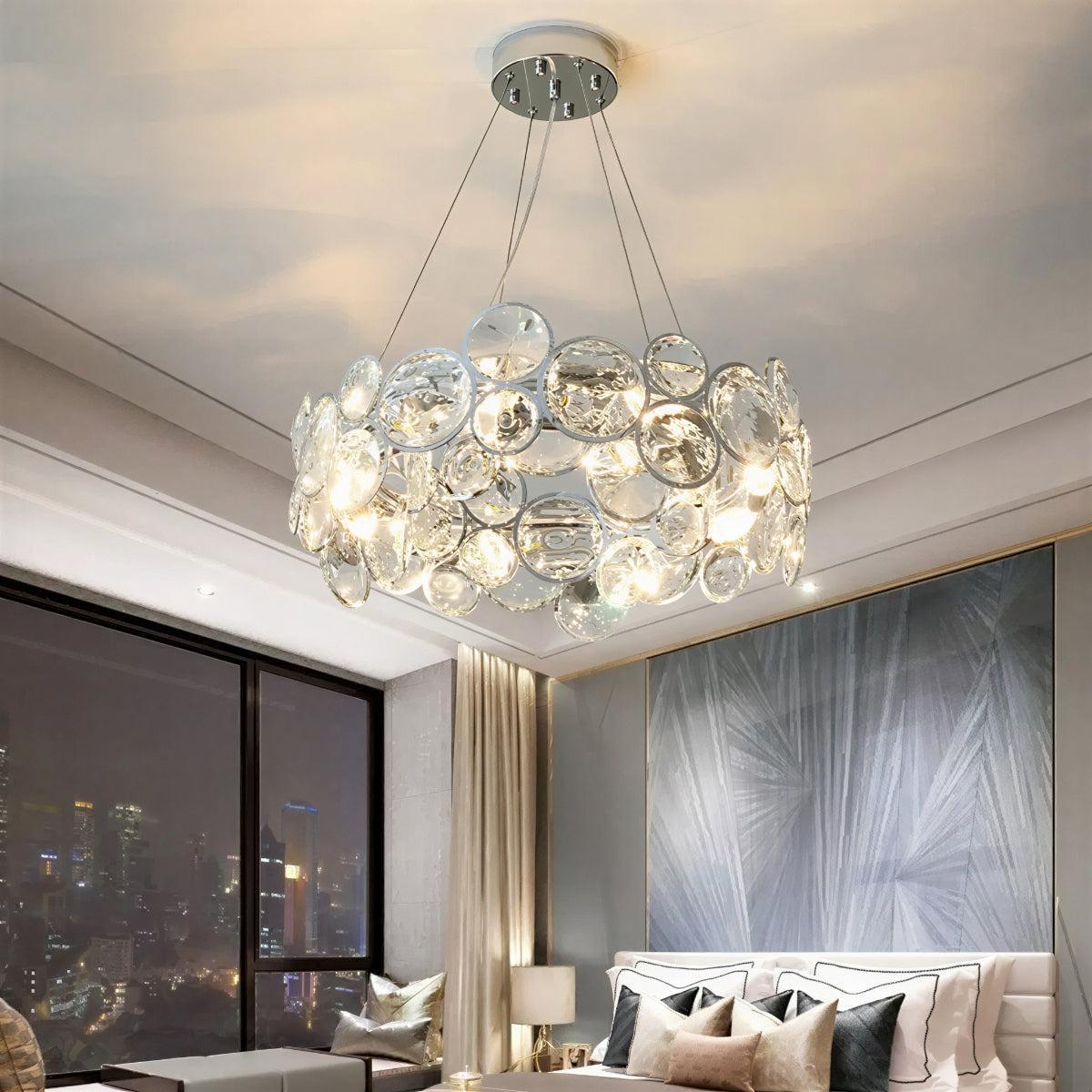 Modern Suspended Crystal Disc Chandelier Light Fixture With Round Circular Design