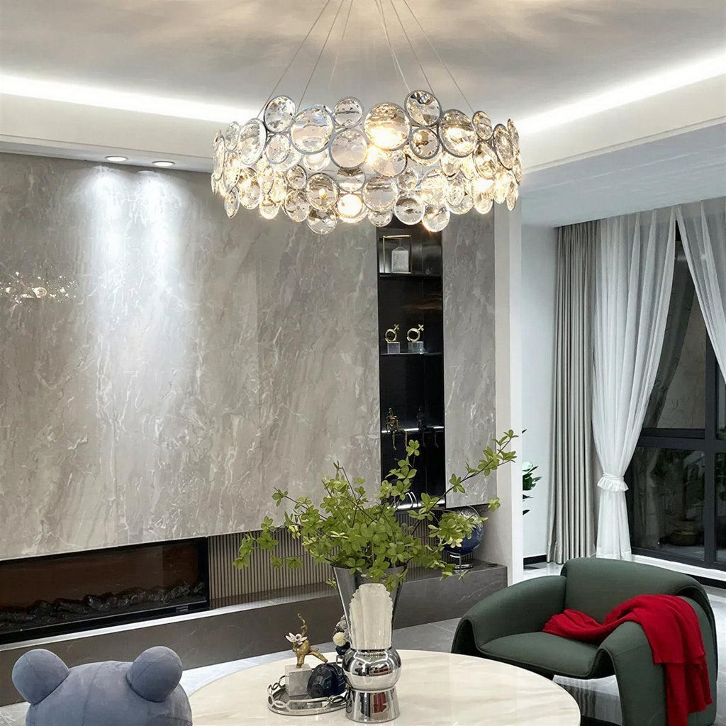 Modern Suspended Crystal Disc Chandelier Light Fixture With Round Circular Design