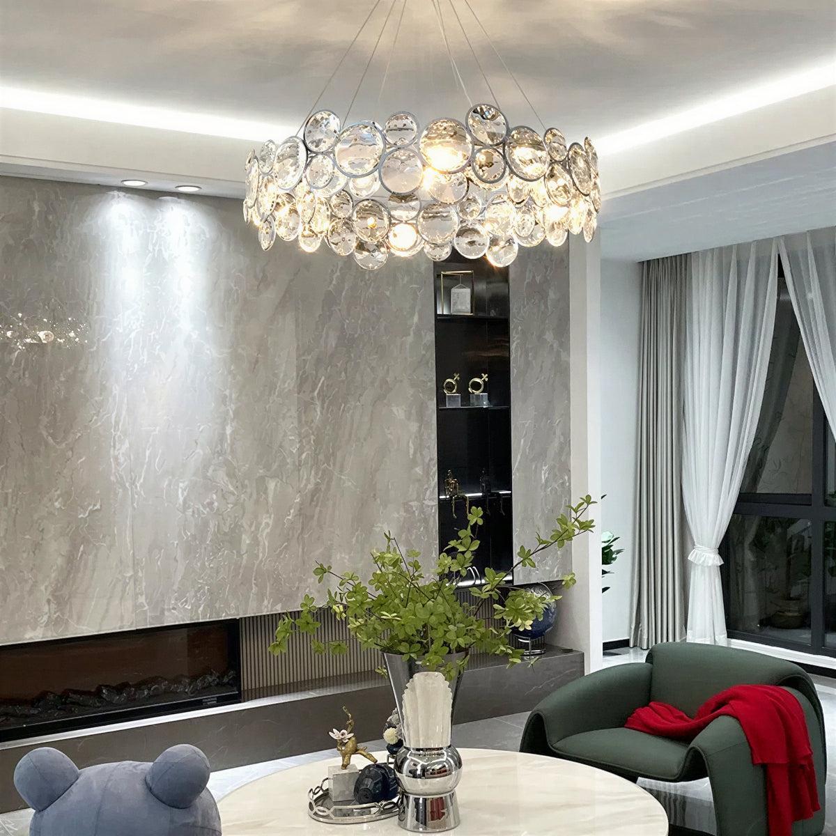 Modern Suspended Crystal Disc Chandelier Light Fixture With Round Circular Design