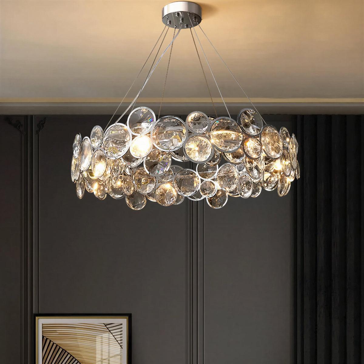 Modern Suspended Crystal Disc Chandelier Light Fixture With Round Circular Design
