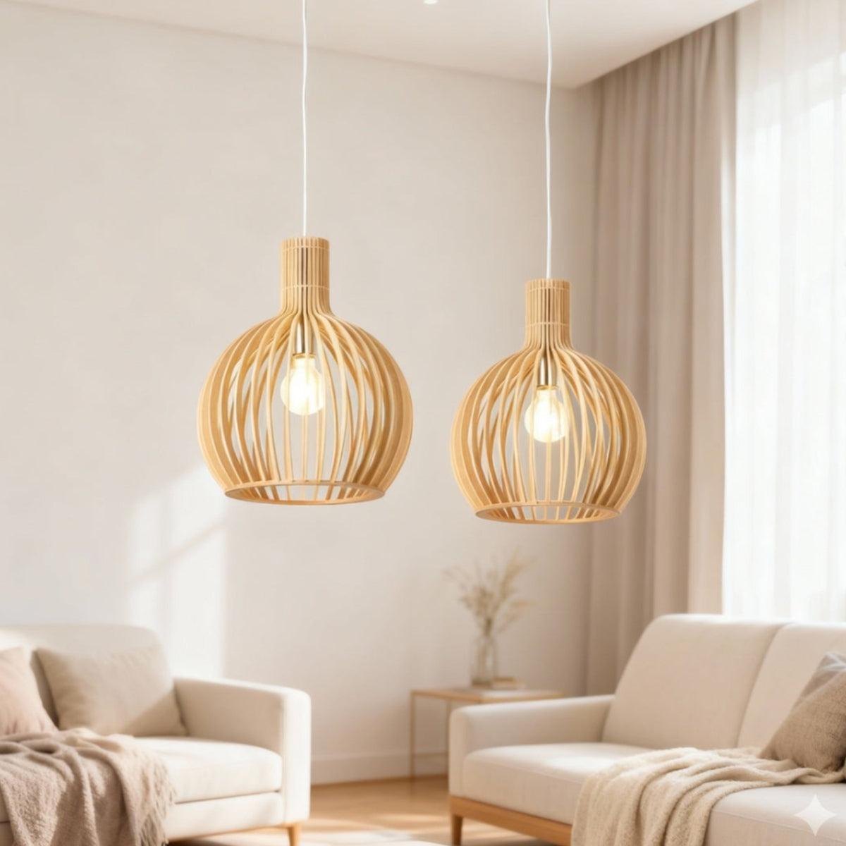 Open Wooden Caged Pendant Light Fixture With Adjustable Height
