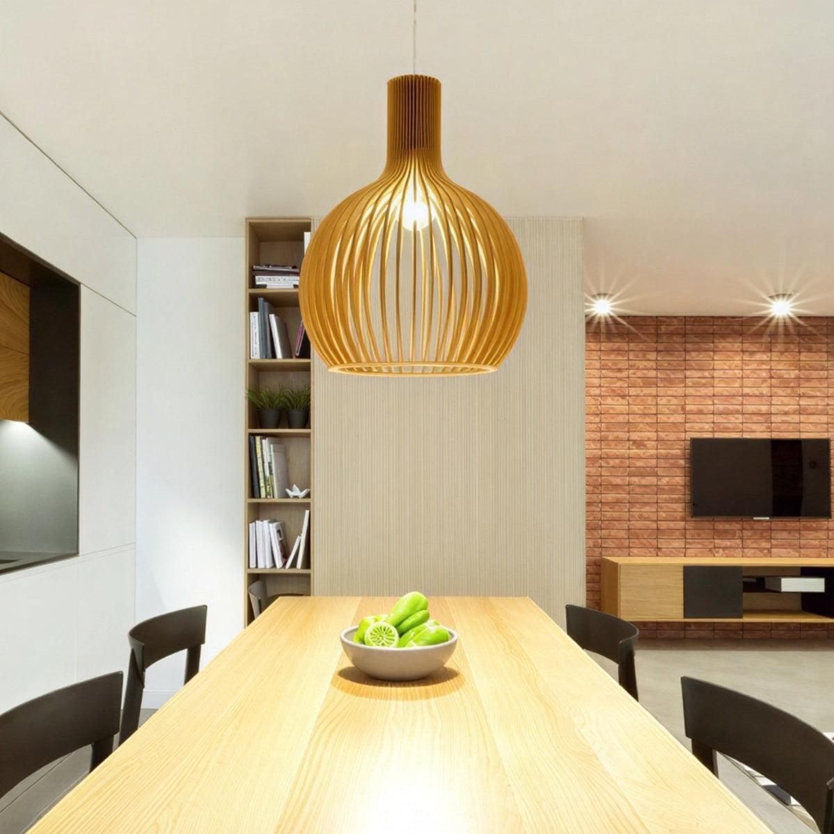 Open Wooden Caged Pendant Light Fixture With Adjustable Height