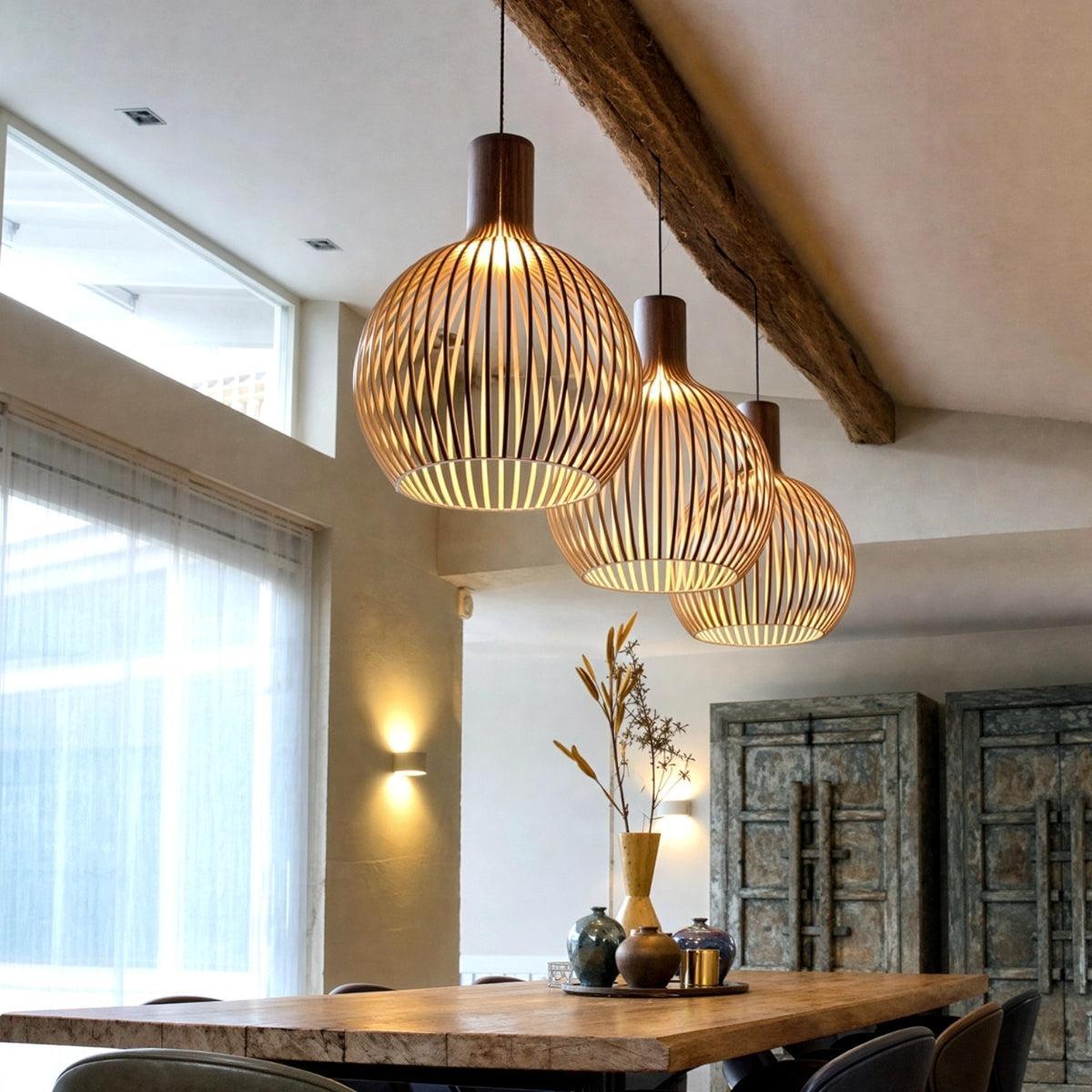 Open Wooden Caged Pendant Light Fixture With Adjustable Height