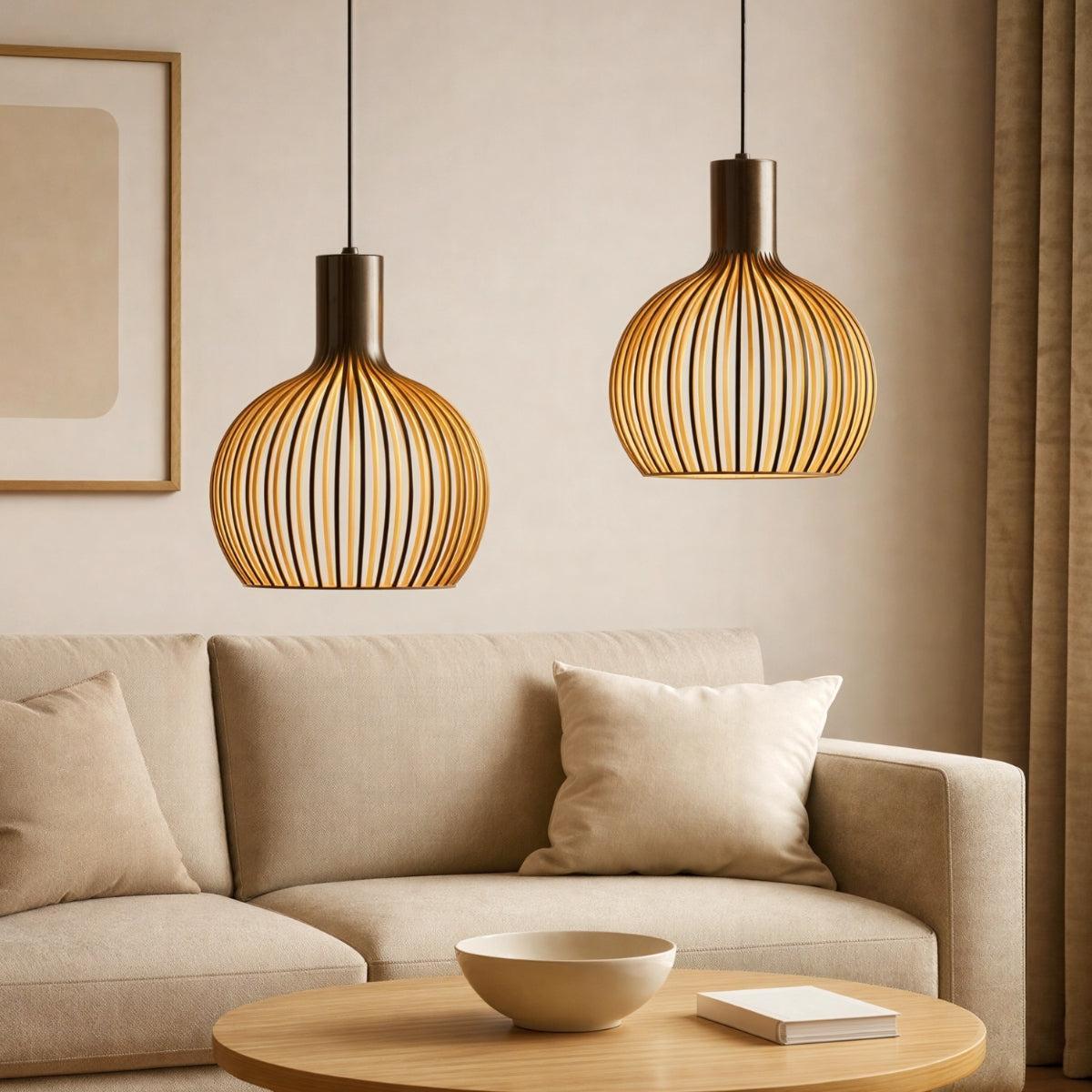 Open Wooden Caged Pendant Light Fixture With Adjustable Height