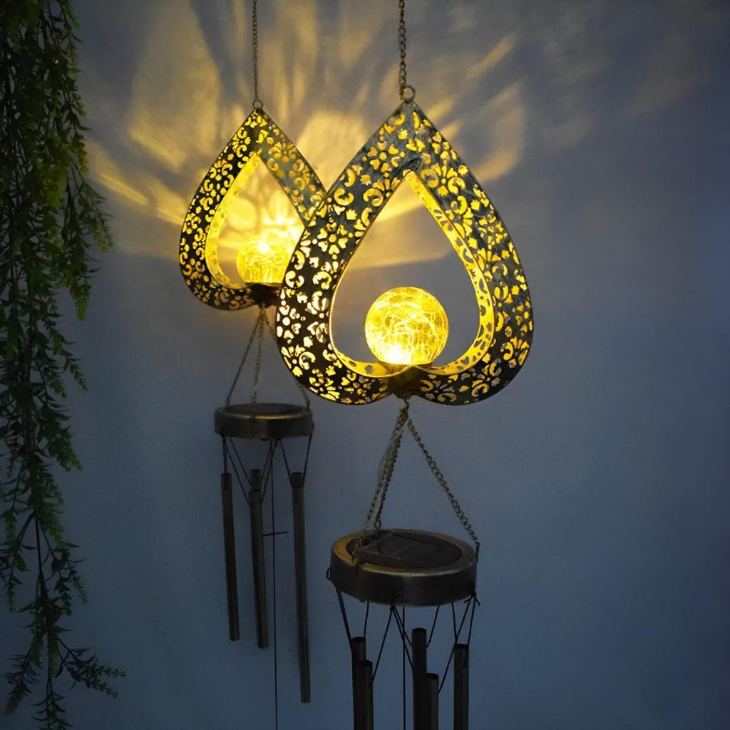 Outdoor Solar Powered Garden Light With Silhouette Heart Shaped Windchimes