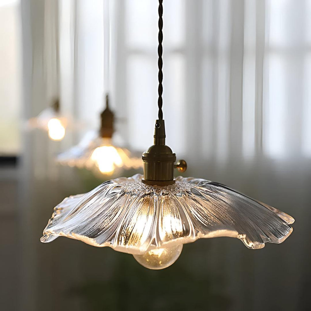 Plug In Hanging Pendant Light Fixture With Flower Styled Glass Shade