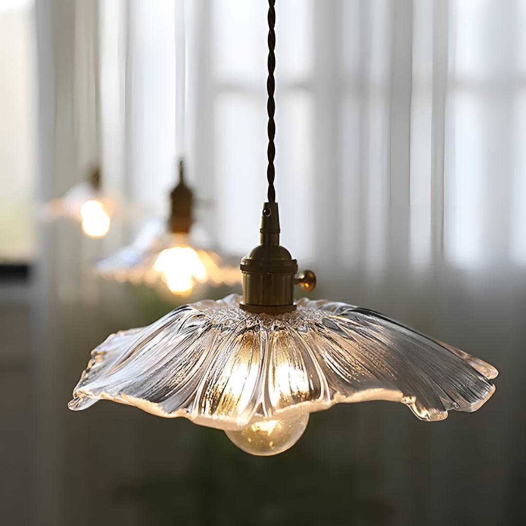 Plug In Hanging Pendant Light Fixture With Flower Styled Glass Shade