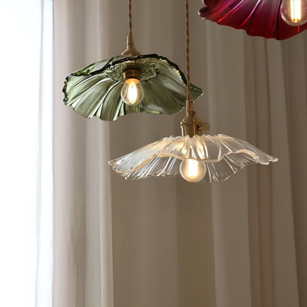Plug In Hanging Pendant Light Fixture With Flower Styled Glass Shade