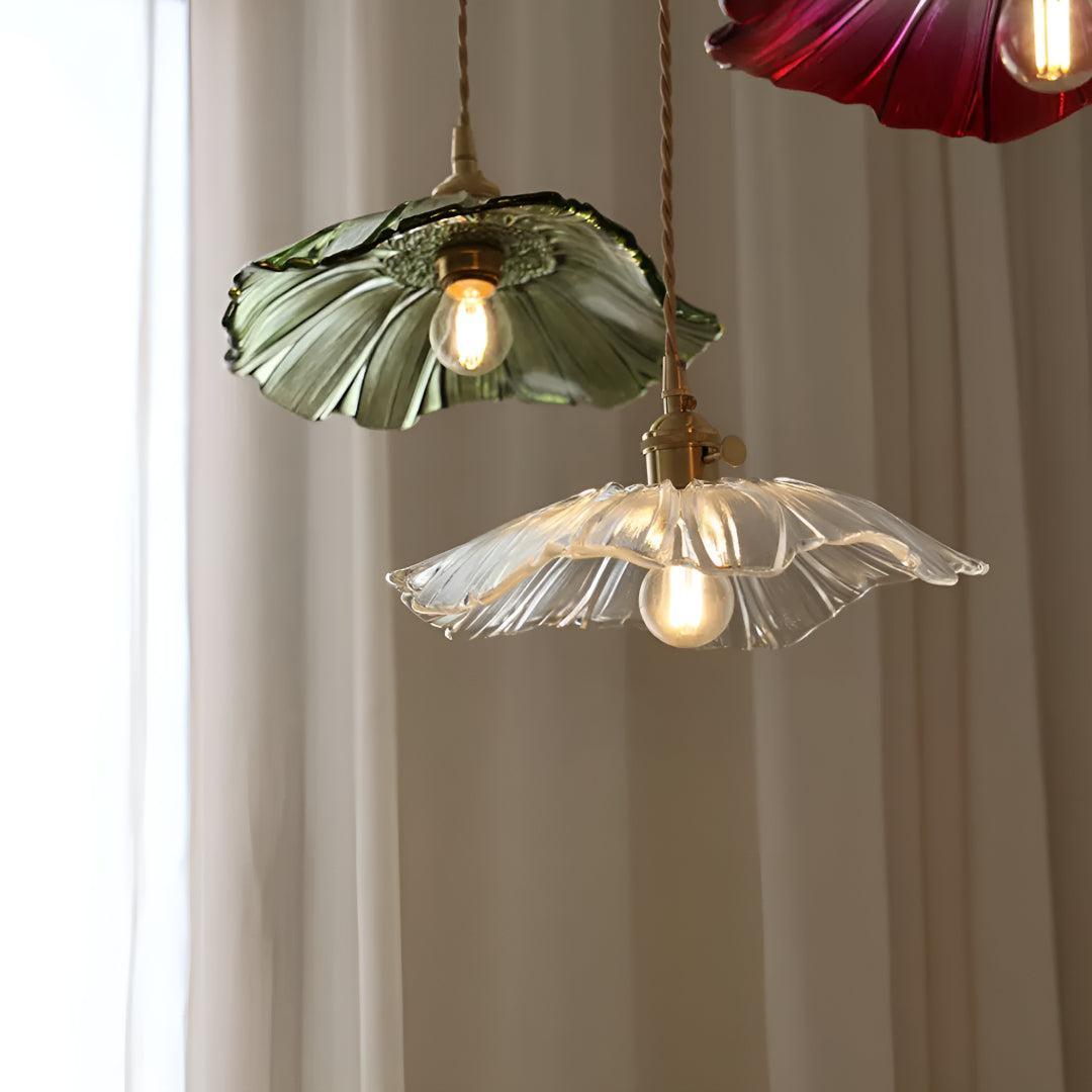 Plug In Hanging Pendant Light Fixture With Flower Styled Glass Shade