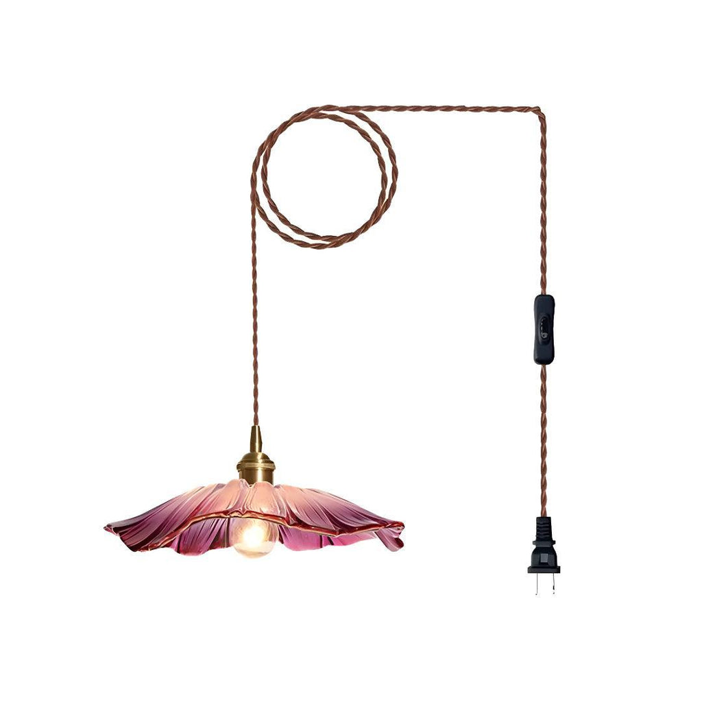 Plug In Hanging Pendant Light Fixture With Flower Styled Glass Shade
