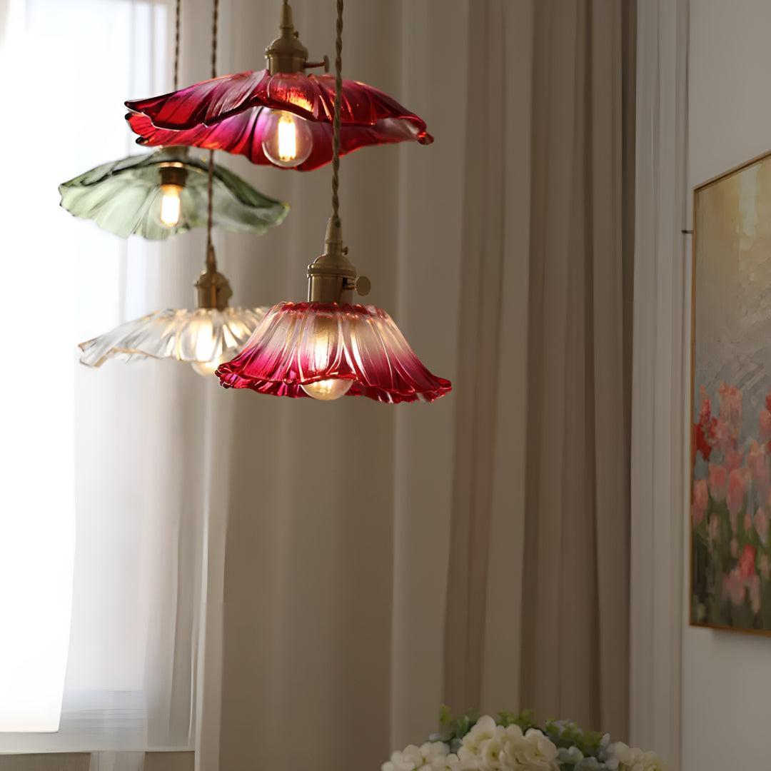 Plug In Hanging Pendant Light Fixture With Flower Styled Glass Shade