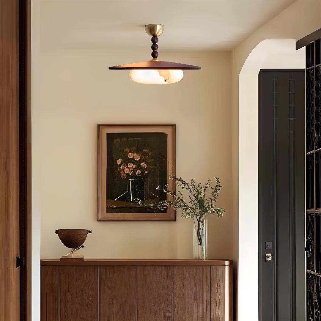 Semi Flush Mount Ceiling Light Fixture With Beaded Pendant And Squashed Globe Shade