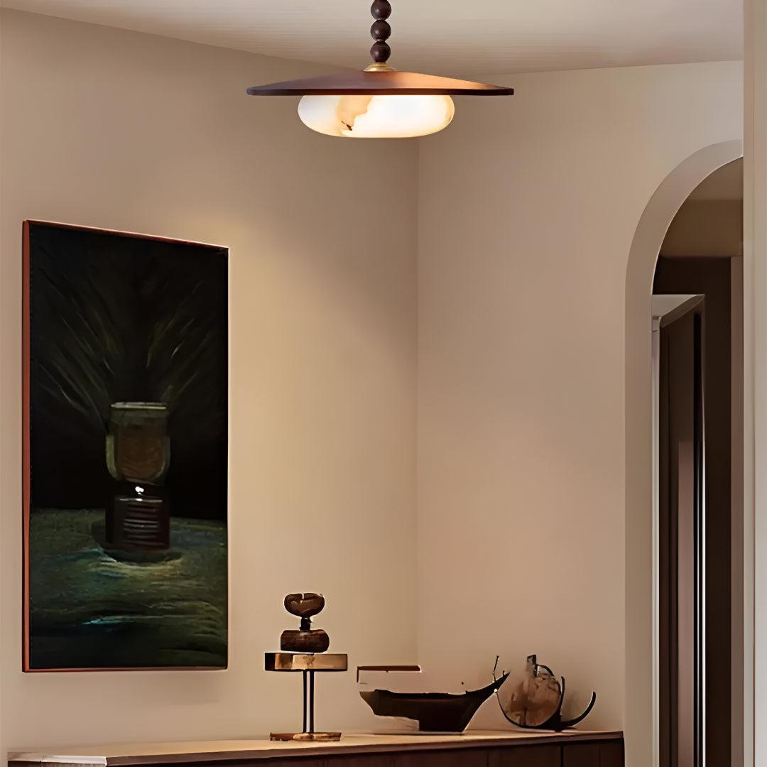 Semi Flush Mount Ceiling Light Fixture With Beaded Pendant And Squashed Globe Shade