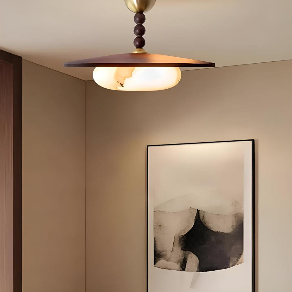 Semi Flush Mount Ceiling Light Fixture With Beaded Pendant And Squashed Globe Shade