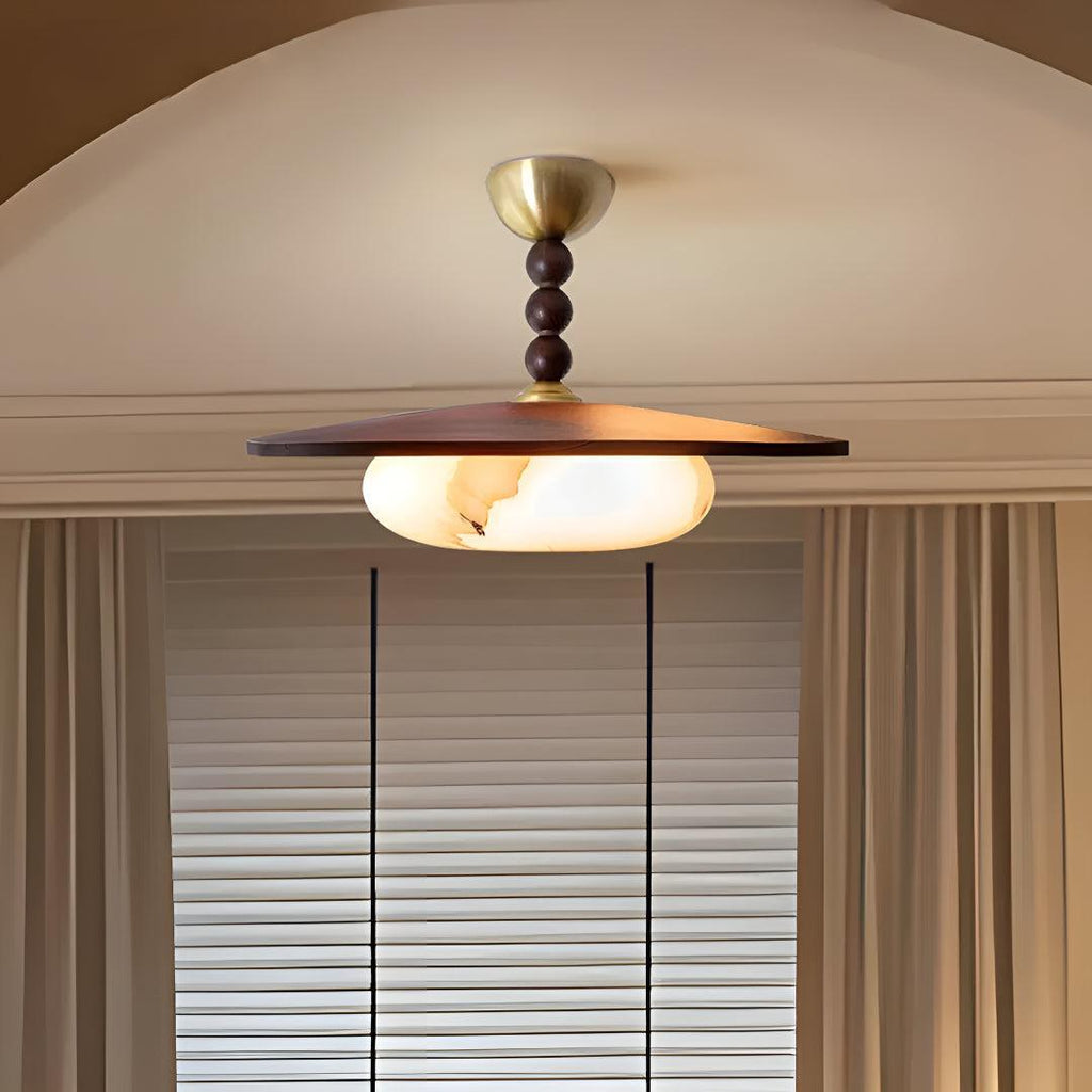 Semi Flush Mount Ceiling Light Fixture With Beaded Pendant And Squashed Globe Shade
