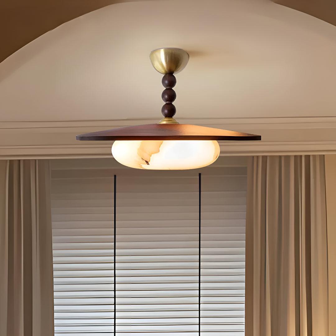 Semi Flush Mount Ceiling Light Fixture With Beaded Pendant And Squashed Globe Shade