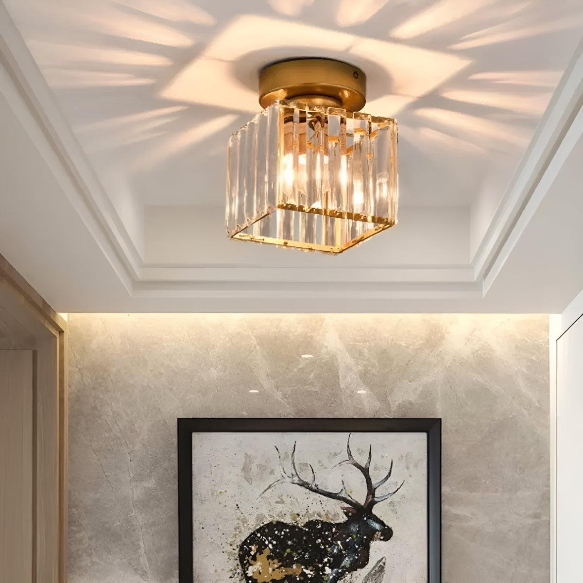 Semi Flush Mount Crystal Ceiling Light Fixture With Decorative Glass Shade