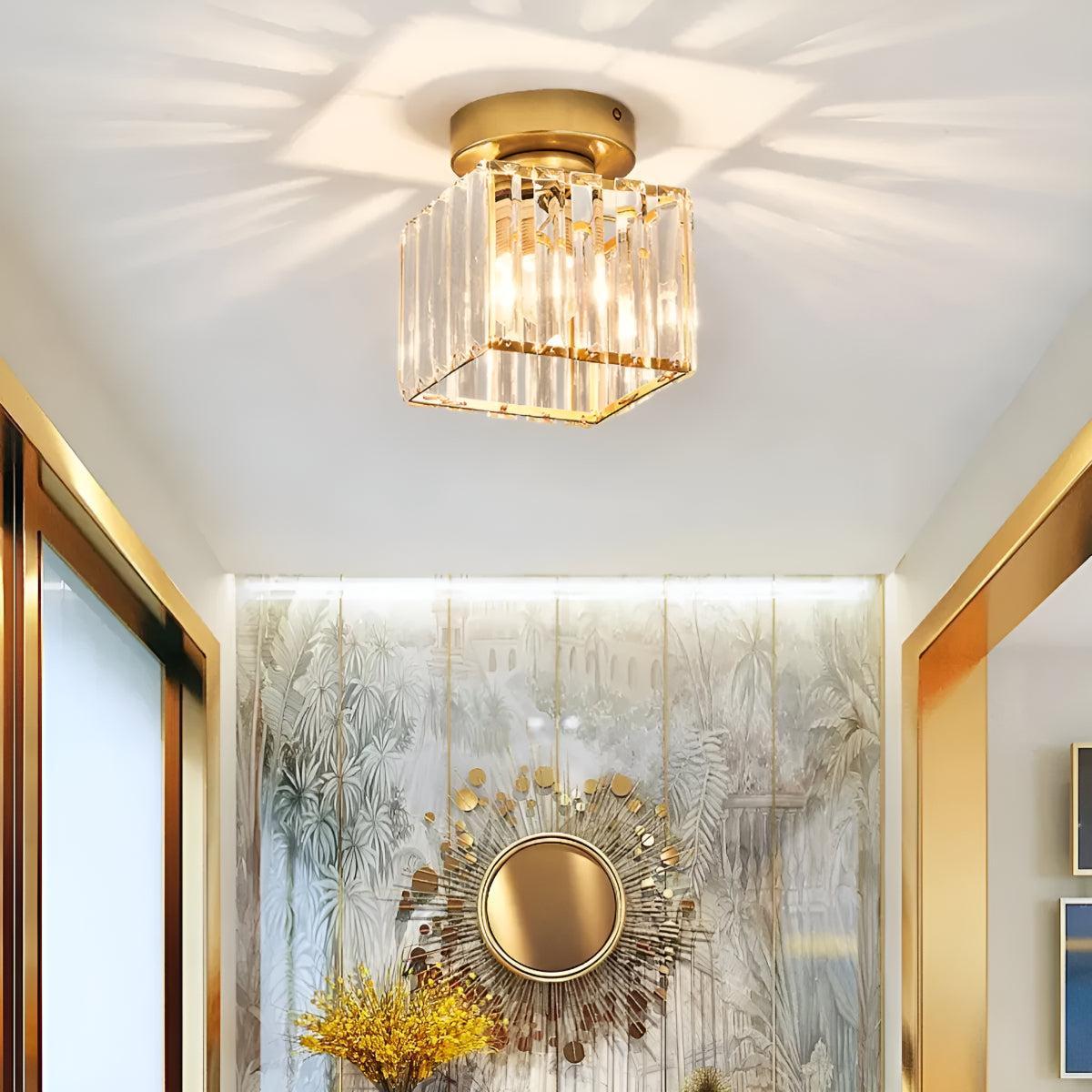 Semi Flush Mount Crystal Ceiling Light Fixture With Decorative Glass Shade