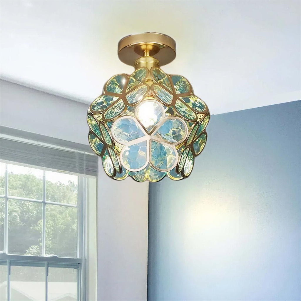 Semi Flush Mount Floral Glass Ceiling Light Fixture With Decorative Petal Shade