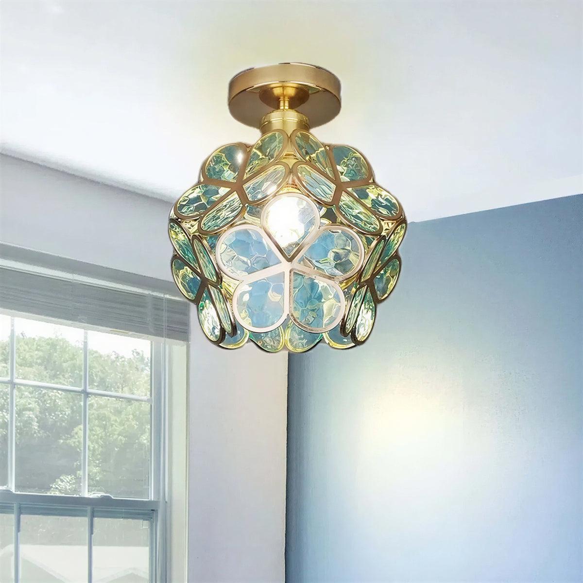 Semi Flush Mount Floral Glass Ceiling Light Fixture With Decorative Petal Shade