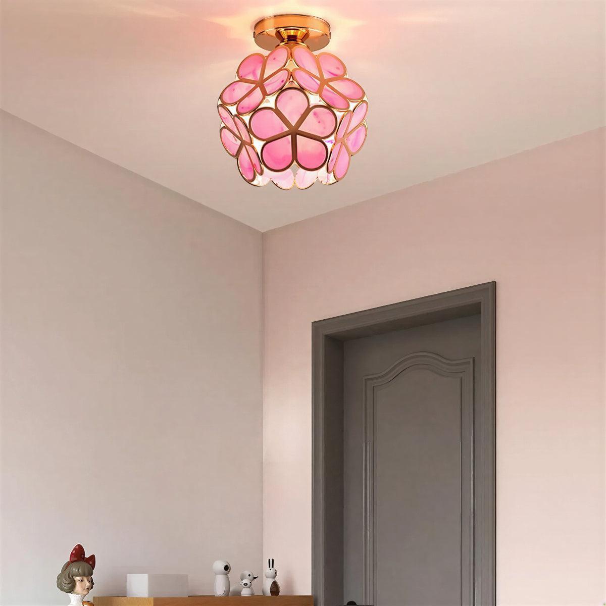 Semi Flush Mount Floral Glass Ceiling Light Fixture With Decorative Petal Shade